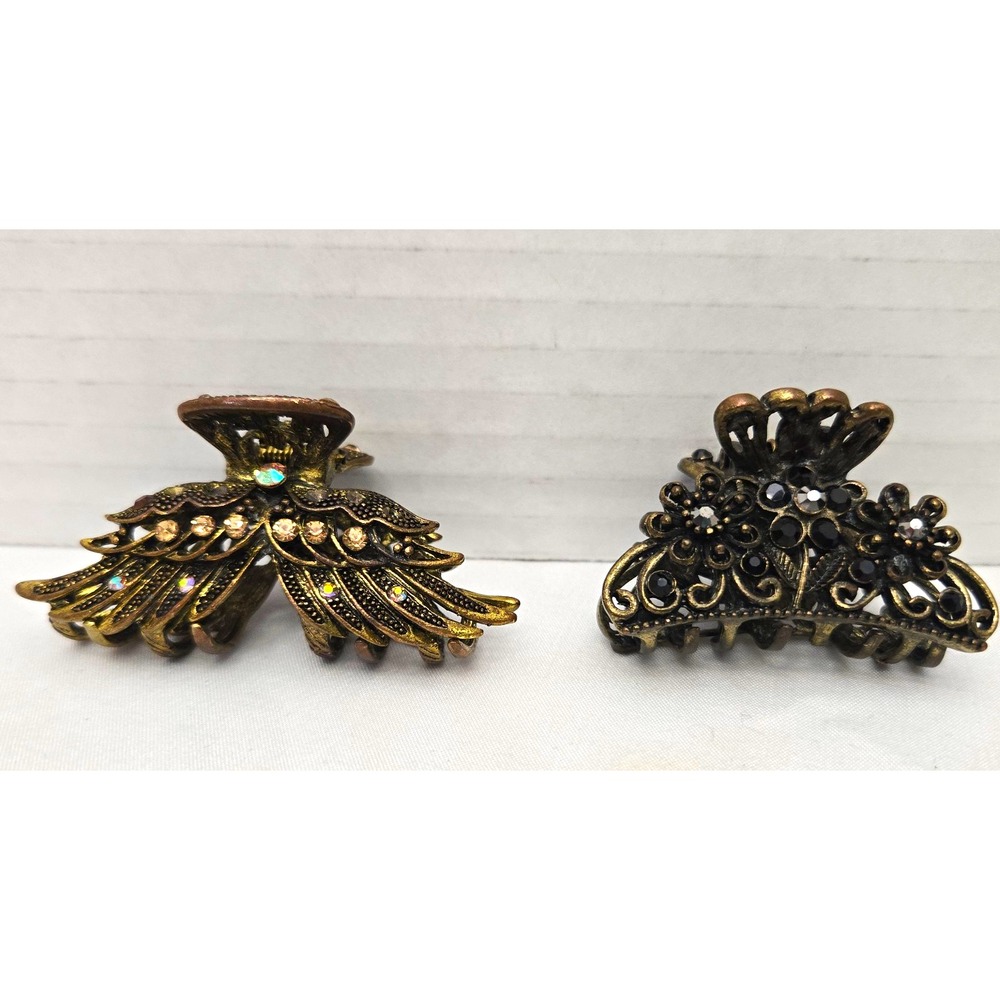 Vtg Bronze Rhinestone Hair Claw Clip Lot (2pc) Angel Wings & Floral Black Stones